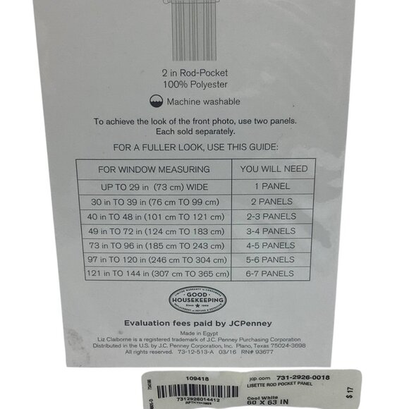 Liz Claiborne Lisette Rod-Pocket Panel 63" Length 60"x63" Cool White NEW NWT - Picture 6 of 6